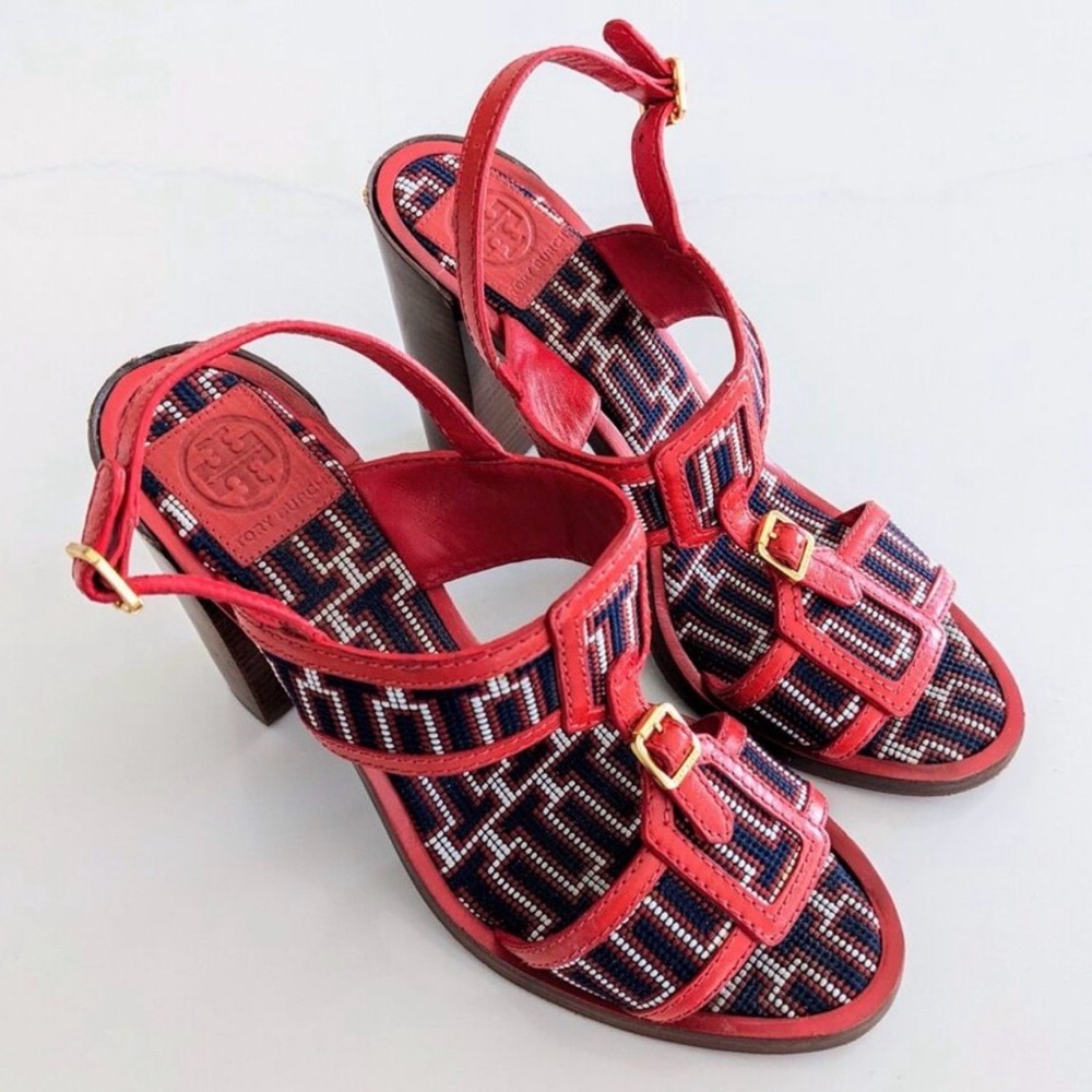 Tory Burch Florian Red and Navy Heeled Sandals